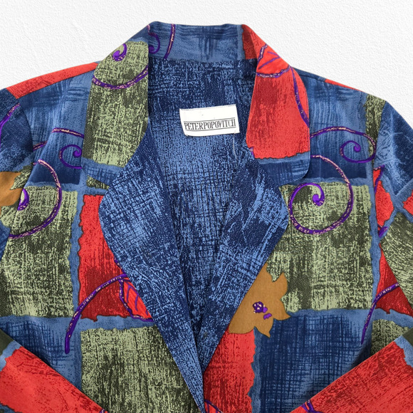 90s Vintage Peter Popovitch Patchwork Blazer Jacket Size Large Bold Fall Floral - Picture 2 of 7